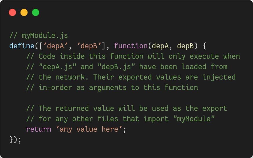 AMD module example code, showing how to import and use dependencies