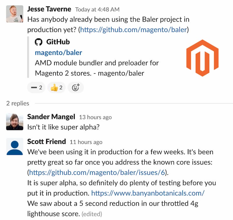 slack conversation discussing first production user of baler saving 5 seconds on load time
