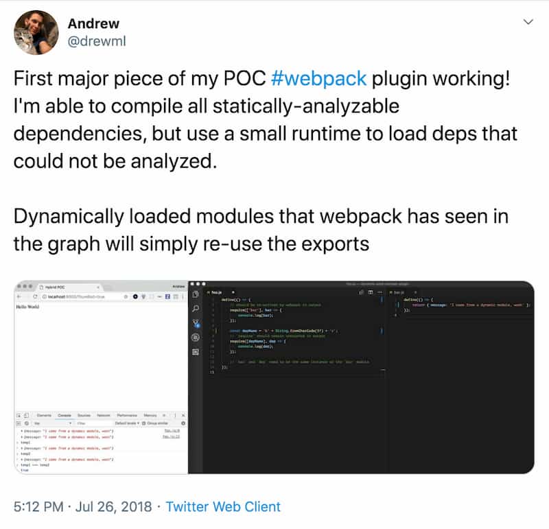 screenshot of tweet from me showing a plugin to handle dynamic modules with webpack